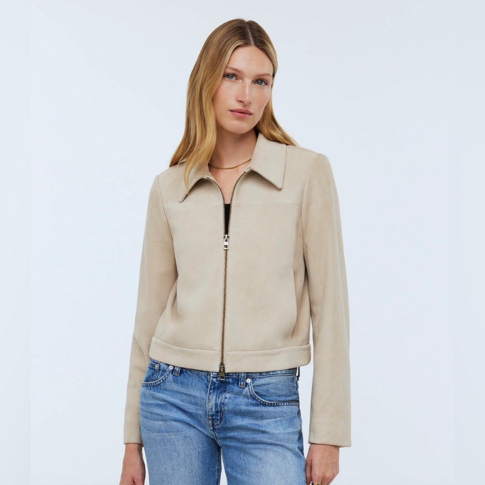 Madewell Shrunken Zip-Front Jacket in Suede • size 14 • NO887 • light sand
